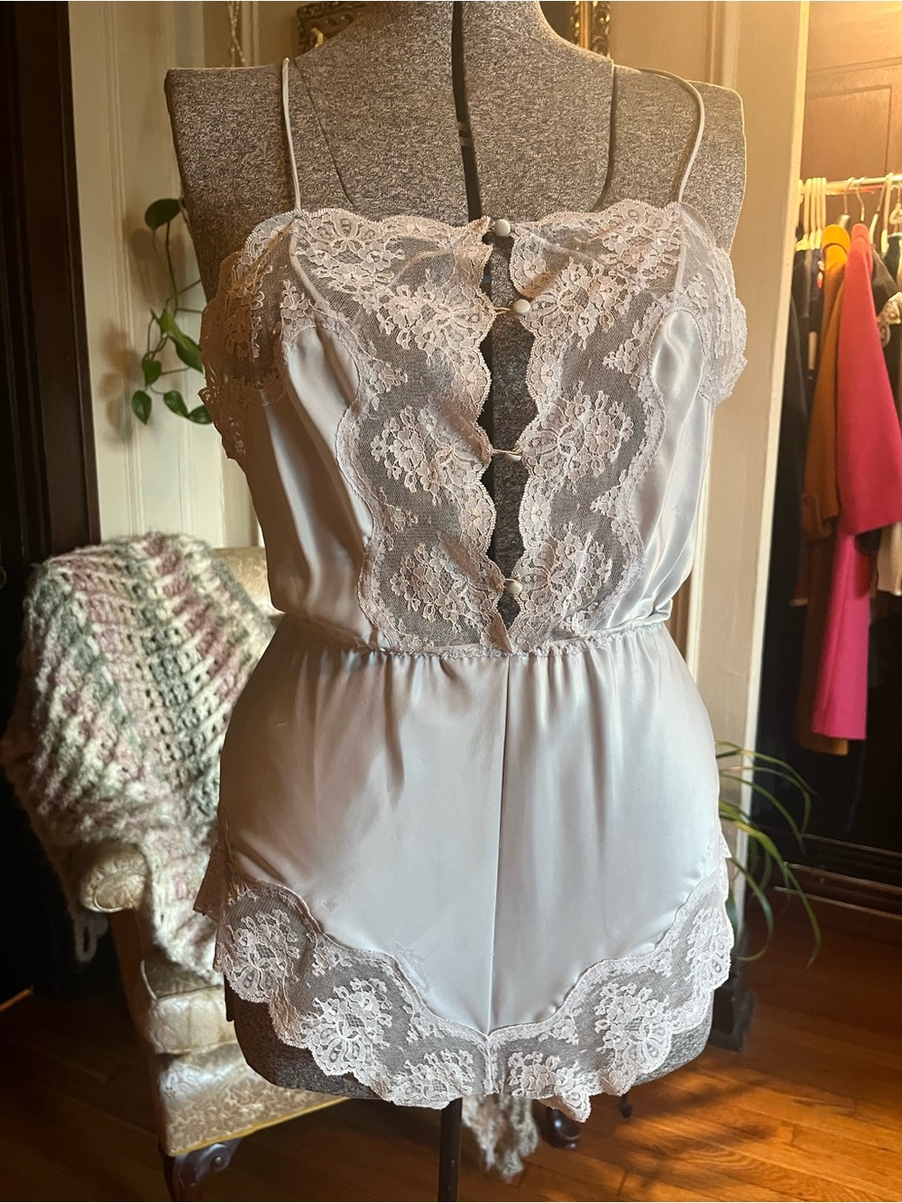 Women’s Lace Trim Satin Romper in Light Blue